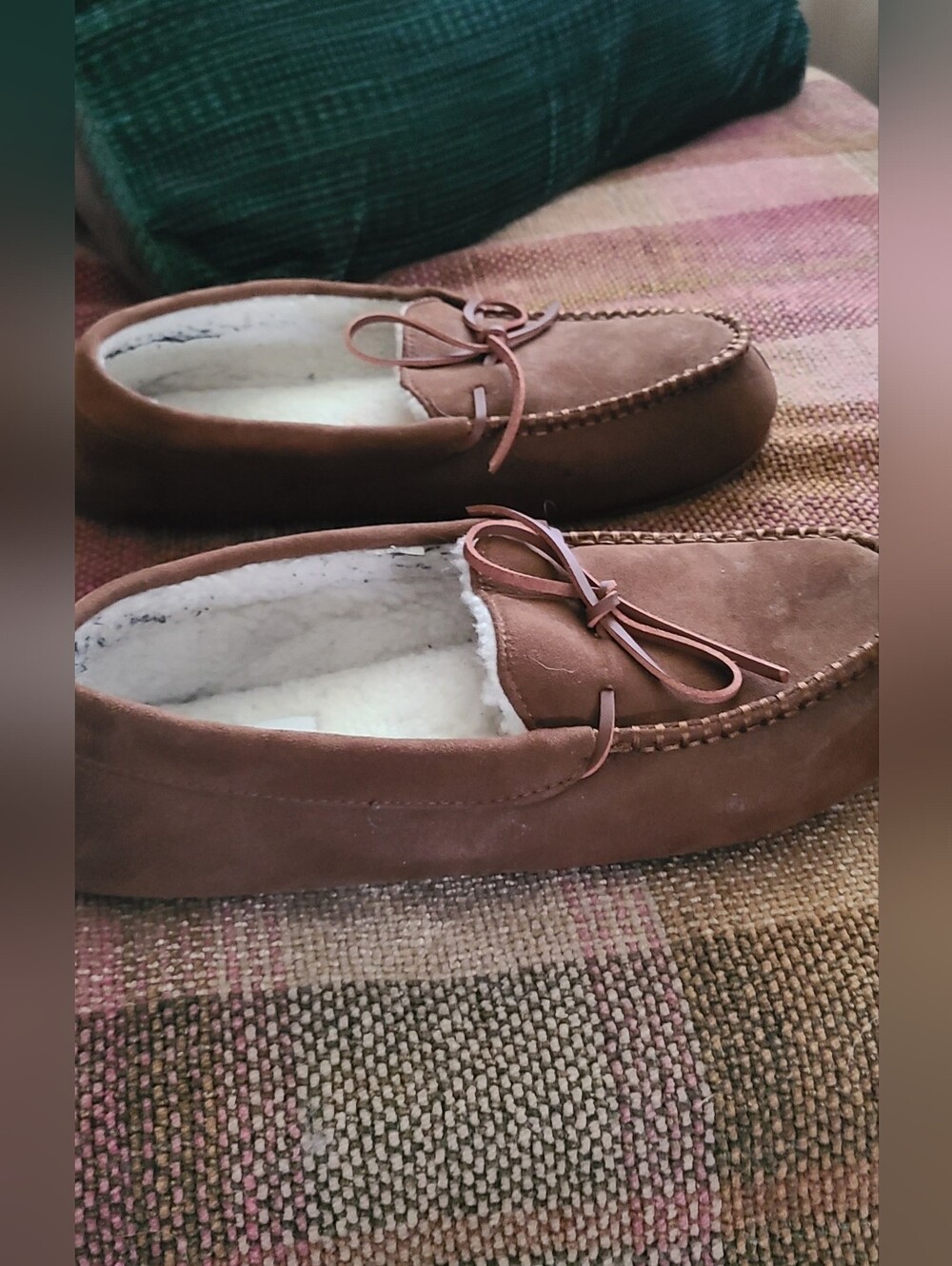 Men's Faux Brown Suede Faux Shearling-Lined Moccasin Slippers With Sole